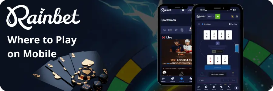 Rainbet mobile casino interface on smartphone showing game lobby